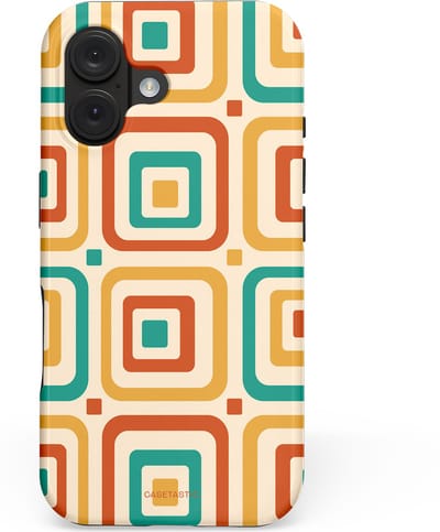 Casetastic hoesje geschikt voor Apple iPhone 16 - MagSafe - Dubbellaagse bescherming - Retro Vierkant verlangen - Fashion Case - Crème Terracotta Goud Turquoise