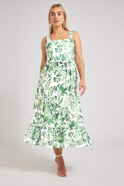 Yours London Midaxi Jurk Zonder Mouwen Met Bladerprint In Wit/Groen Size 42