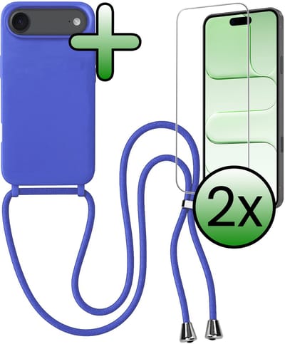 Hoes Geschikt voor iPhone Air Hoesje Met Koord Met 2x Screenprotector - Telefoonhoesje Geschikt voor iPhone Air Backcover Met Afneembaar Koord - Felblauw