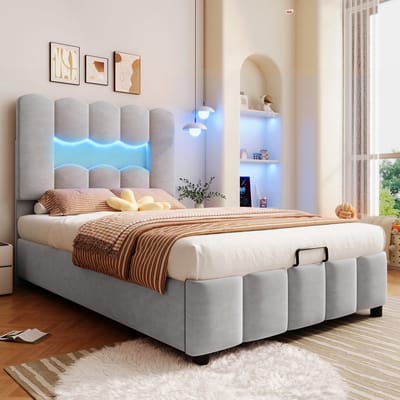 Gestoffeerd bed 90 x 200 cm - zonder matras - LED-verlichting - met opbergruimte - verstelbaar hoofdeinde - grijs