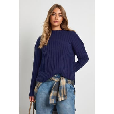 boohoo Dames Geribbelde Coltrui Lange Trui | Navy | Maat: Small