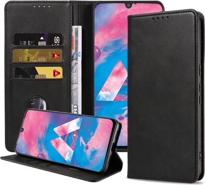 Smartphonica Telefoonhoesje geschikt voor Samsung Galaxy M30 kunstleren Hoesje met Magnetische sluiting en Pasjeshouders Book Case met Klepje - Zwart geschikt voor Samsung Galaxy M30