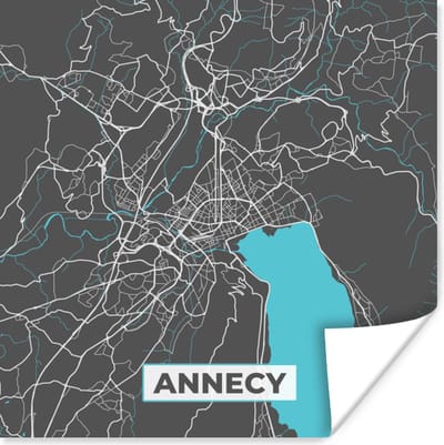 Poster Plattegrond - Annecy - Kaart - Stadskaart - Frankrijk - 100x100 cm XXL