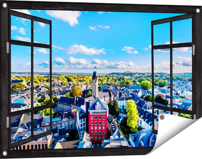 Gards Tuinposter Doorkijk Maastricht Stad met Huizen - 90x60 cm - Tuindoek - Tuindecoratie - Wanddecoratie buiten - Tuinschilderij