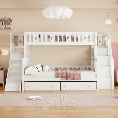 VVBV Kinderstapelbed 200/140x200 cm + 90x200 cm met Voor Kinderen/Tieners, Glijbaan - Lattenbodem - Massief Hout Wit