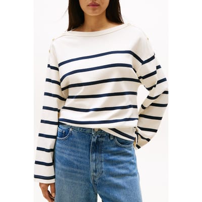 Tommy Hilfiger Lwk Gold Button Boat Regular Fit Striped Top, Navy Blue Taglia: XS | Maglie a manica lunga Outlet | Donna | Giallo