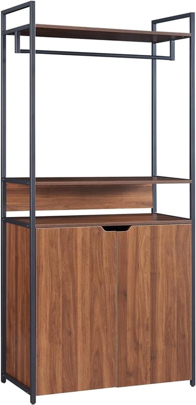 Open Garderobekast Kapstok Set van 3 – 252 cm Breed – Metalen Frame & MDF – 3 Kledingstangen, 4 Laden, 6 Open Vakken & Kast – Staande Kledingstandaard Industriële Look Walnoot/Zwart – 40x84x180 cm