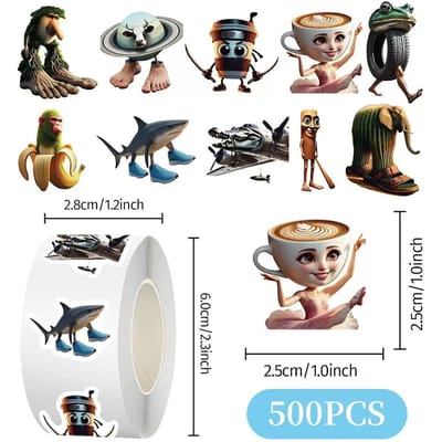 500 stuks/Rol Tung Tung Sahur Italiaans Hersenrot AI Abstracte Afdichtingssticker Doe-het-zelf PVC Laptop Stickers Decoratie Stiker Beloning Mooi Cadeau Speelgoed black