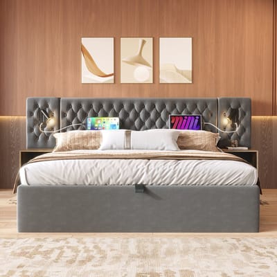 KOMHTOM Tweepersoonsbed met hydraulische opbergruimte 160x200 cm 2 nachtkastjes hoofdbord met leeslampje en USB-opladen Fluweel Grijs