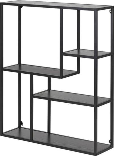 Lisomme Vic Hangende Wandkast Zwart - Metaal - Houten Planken - Open Kast - Asymmetrische Vakken - Wandrek - Industrieel - B 75 cm