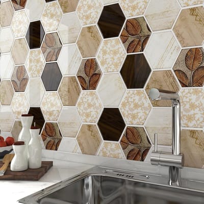 30x30CM 15-Delige Tegelstickers in Houtlook - Beige Bruine Hexagon Wanddecoratie voor Keuken en Badkamer, Waterdicht en Zelfklevend