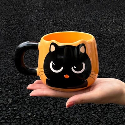 Tasses en céramique de chat mignon de dessin animé avec cuillère tasse créative de patte de chat tasse de café thé au lait tasse d'avoine tasses d'animaux de grande capacité cadeau drôle 400ml orange