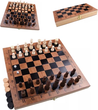 Shagam - 3-in-1 Set - 29 x 29 cm - Schaakbord - Dambord (8x8) - Backgammon - Hout - Met Schaakstukken - Opklapbaar - Schaakspel - Schaakset - Schaken - Chess - Damset