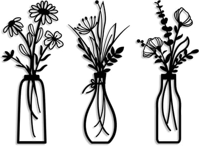 Set van 3 metalen bloemenwanddecoraties – moderne zwarte wanddecoratie in de vorm van bloemenvazen ​​– minimalistische muurkunst voor woonkamer, slaapkamer, keuken of hal – woondecoratiegeschenken