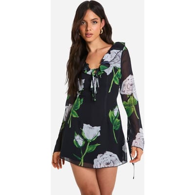 boohoo Dames Florale Chiffon Ruffle Shift Jurk | Black | Maat: 8