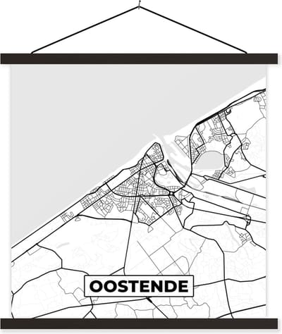 Posterhanger incl. Poster 60x60 cm - Schoolplaat - België – Oostende – Stadskaart – Kaart – Zwart Wit – Plattegrond - Textielposter - Zwarte latten - Stadskaart