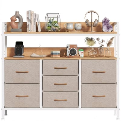 Ladekast Opbergkast Dressoir voor Slaapkamer, Gang & Woonruimte – Kasten & Opbergen – Met 7 Stoffen Lades en 2 Open Schappen – Compact, Stabiel & Ruim - Metaal & MDF - Kaki/Wit/Hout - 100x30x76 cm