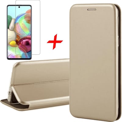 Hoesje geschikt voor Samsung Galaxy A71 - Screen Protector GlassGuard - Book Case Kunstleer ThinShield Goud & Screenprotector
