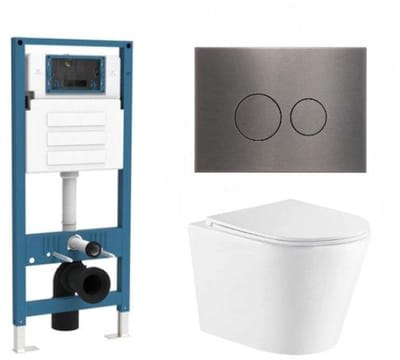 QeramiQ Dely Toiletset - inbouwreservoir Qeramiq Flush - slim zitting - metaal gunmetal bedieningsplaat - ronde knoppen - mat wit