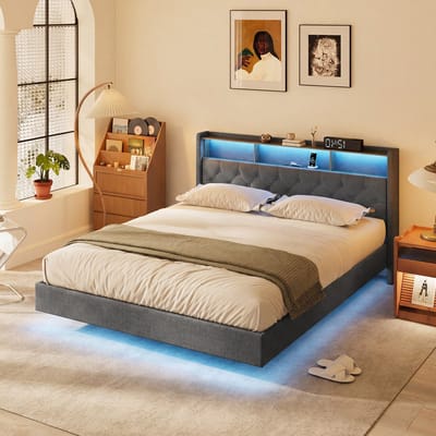 Xbro Bed 160 x 200 cm met LED-verlichting en USB-oplaadpoort, Tweepersoonsbed met Lattenbodem, Gestoffeerd bed met Hoofdbord en Opbergruimte，Donkergrijs