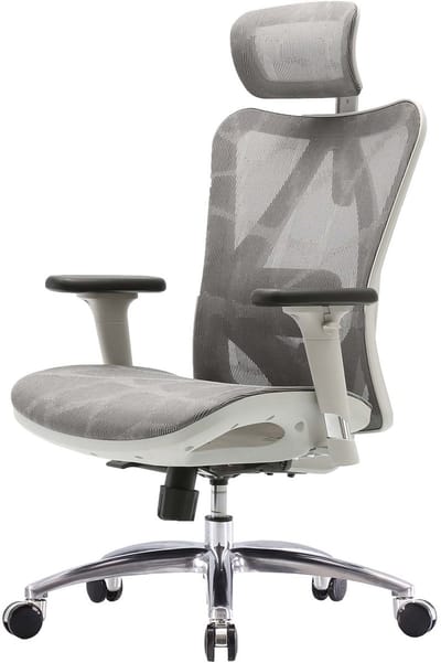 SIHOO bureaustoel bureaustoel, ergonomisch, verstelbare armleuning, 150kg belastbaar ~ grijze bekleding, wit frame