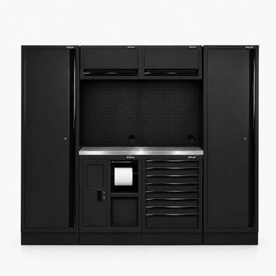 Pillar modulaire werkplaatsinrichting met 2 hoge kasten en roestvrijstalen werkblad
