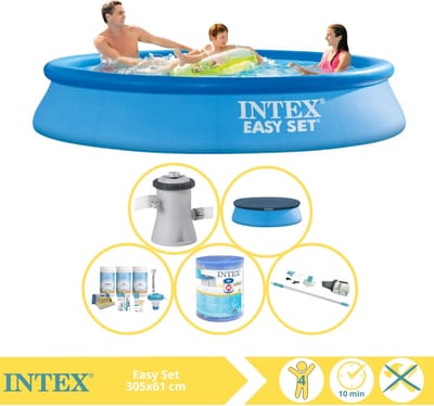 Intex Rond Opblaasbaar Easy Set Zwembad - 305 x 61 cm - Blauw - Inclusief Pomp - Afdekzeil - Onderhoudspakket - Filter - Stofzuiger - 6-delig