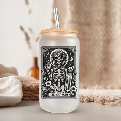 Tarot The Cat Mom Glazen Drinkbeker met Glazen Rietje en Deksel - Bubble Tea - Koffiebeker - Koffieglas - Koffie glas - 500ml ijskoffie beker - Koffie beker - Mason Jar - Boba - Theebeker - Thee beker - Glazen Drinkbeker - Ijskoffie glas