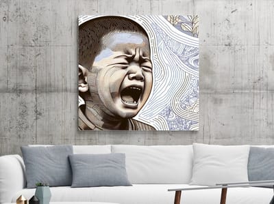 Line art huilend kind schilderij | Tranen van de onschuld: een meesterwerk van emotionele expressie | Kunst - 100x100 centimeter op Dibond | Foto op Dibond