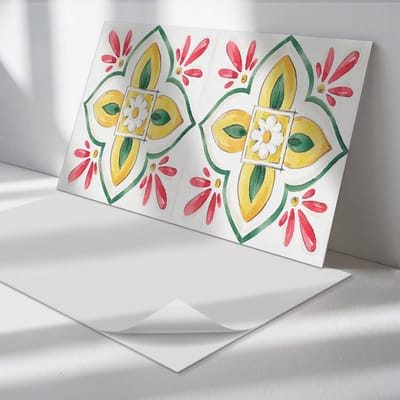 Wallfluent Vinyl Tegels - Bloemenpatroon in Een Lijst Wand PVC Tegels - 40 cm x 20 cm - Geel Vinyl Tegels - Set van 10 - Rechthoek PVC Tegels - Bloemen en Planten Plaktegels - Vinyl Tegels Zelfklevend - Plaktegels Keuken en Badkamer