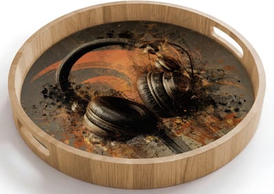 Dienblad rond 40x40 cm - Schootdienblad hout - Koptelefoon - Bruin - Verf - Vintage - Borrelplank rechthoek - Plateau houten dienbladen