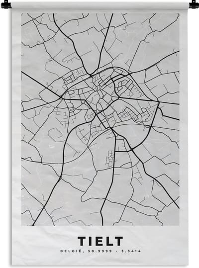 Wandkleed - Wanddoek - Zwart Wit – België – Plattegrond – Stadskaart – Kaart – Tielt - 120x180 cm - Wandtapijt