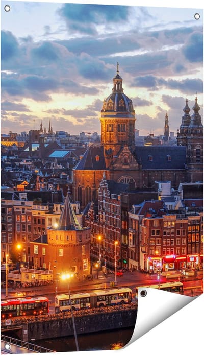 Gards Tuinposter Amsterdam Centrum Luchtfoto Zonsondergang - 60x90 cm - Tuindoek - Tuindecoratie - Wanddecoratie buiten - Tuinschilderij