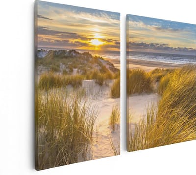 Artaza Canvas Schilderij Tweeluik Strand En Duinen Tijdens Zonsondergang - 80x60 - Foto Op Canvas - Canvas Print