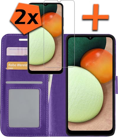 Hoes - Met 2x Screenprotector - Geschikt voor Samsung Galaxy A02s - Luxe Pasjeshouder - Bookcase Portemonee - Flip Case - Kunstleer Book Case - Flipcase Hoes - Book Cover - Walletcase - PortemonneeHoes - Paars