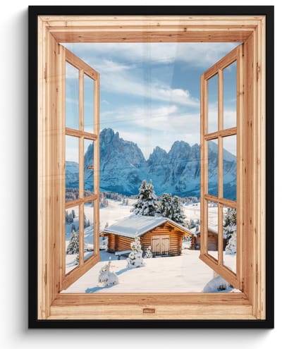 Poster in lijst - Fotolijst 50x70 cm - Posters - Doorkijk - Winterlandschap - Huisje - Bergen - Uitzicht - Posterlijst zwart - Decoratie - Wanddecoratie woonkamer - Muurdecoratie slaapkamer