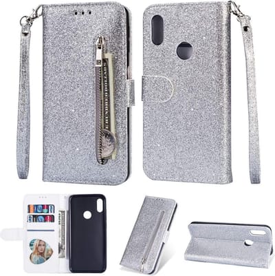 Bookcase Geschikt voor: Samsung Galaxy M11 Glitter met rits - hoesje - portemonnee hoesje - Zilver