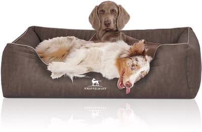 Knuffelwuff orthopedisch hondenbed Tampa van met laser gestikt kunstleer XL 105 x 75cm bruingrijs