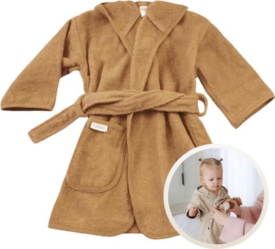 Funnies Badjas Sand 0-12 Maanden Baby Badjas, Badjas Kinderen, Peuterbadjas - 100% Katoenen Badstof - Zacht en Absorberend - Perfect na Zwemmen, Douchen of Badderen - Ideaal als Cadeau voor Baby’s en Kinderen