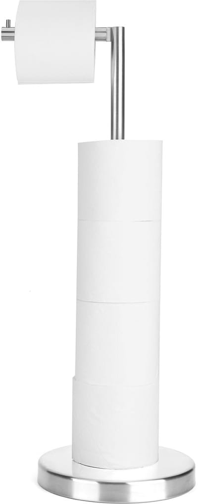 Toiletpapierstandaard van geborsteld nikkel 1 stuk, vrijstaande toiletpapierhouderstandaard, badkamer toiletpapieropslag met 1,2 kg zware basis voor 4+1 rollen, toiletpapierhouder, toiletrolstandaard