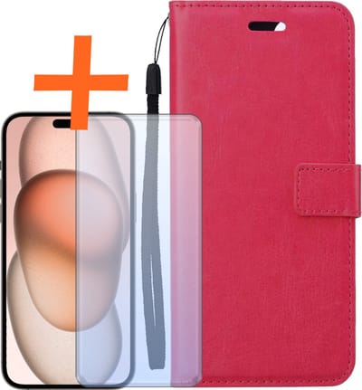 Hoes - Met Screenprotector - Geschikt voor Apple iPhone 15 - Luxe Pasjeshouder - Bookcase Portemonee - Flip Case - Kunstleer Book Case - Flipcase - Book Cover - Walletcase - PortemonneeHoes - Donkerroze
