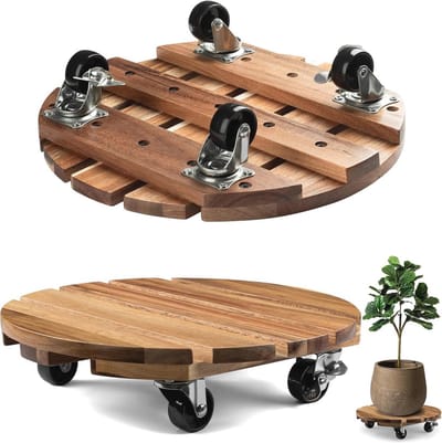 Houten Plantenstandaard met Wielen - Set van 2 - Voor Binnen en Buiten - Sterke Plantenwagons Met Antislip Wielen