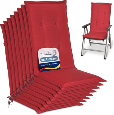 Beautissu Loft HL Set 8 x Tuinkussens Hoge Rug- 120 x 50 cm - Rood Kussen - Zitkussen UV- Lichtecht Tuinstoelkussen