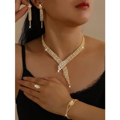 Elegant Geometrisch Zirkonia Sieradenset: Ketting, Oorbellen, Armband, Ring one-size goud
