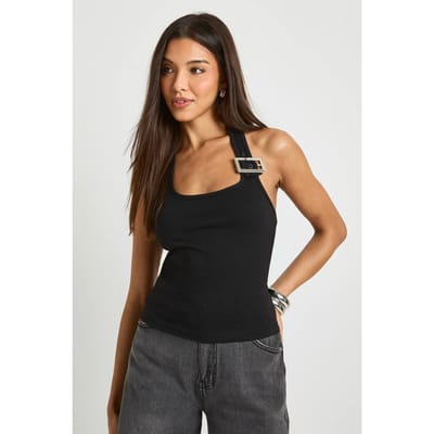 boohoo Dames Halterneckt top met gespaccenten | Black | Maat: 12