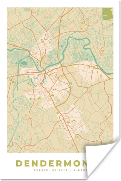 Poster Plattegrond - Kaart - Dendermonde - Vintage - Stadskaart - 120x180 cm XXL