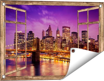 Gards Tuinposter Doorkijk Skyline New York van Centrum in het Paars - 60x40 cm - Tuindoek - Tuindecoratie - Wanddecoratie buiten - Tuinschilderij
