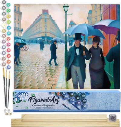 Figured'Art Schilderen op Nummer Volwassenen canvas Straat van Parijs, regenachtig weer - Gustave Caillebotte - Handwerk acrylverf Kit DIY Compleet - 40x50cm met DIY houten lijst
