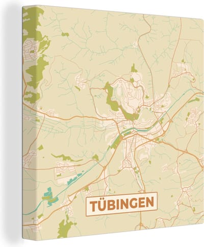 Canvas Schilderij Stadskaart - Vintage - Tübingen - Plattegrond - Kaart - 20x20 cm - Wanddecoratie