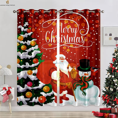Kerst Sneeuwpop Raam Cartoon Print Gordijnen Geschikt voor Slaapkamer Restaurant Vakantiefeest Decoratieve Gordijnen 2 Stuks W50xH130(CM)x2PCS&Rod pocket black